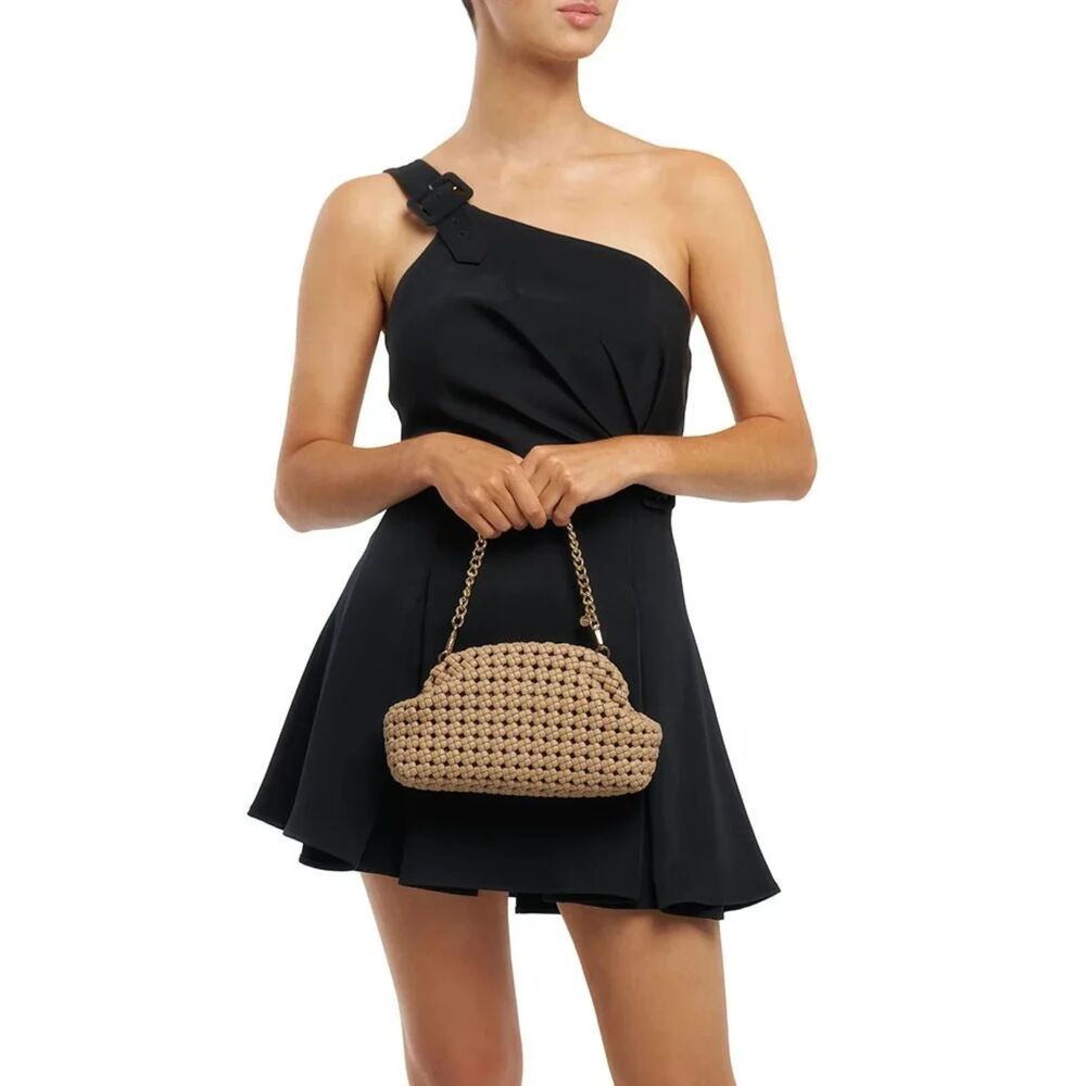 Olga Berg Everly Natural Handwoven Faux Leather Clutch with Gold Crossbody Chain - Picture 2 of 16